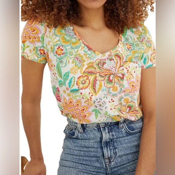 Fat Face Tops - FAT FACE WOMEN'S SHORT SLEEVE MAGGIE V-NECK T-SHIRT IN MULTI FLORAL SIZE 16